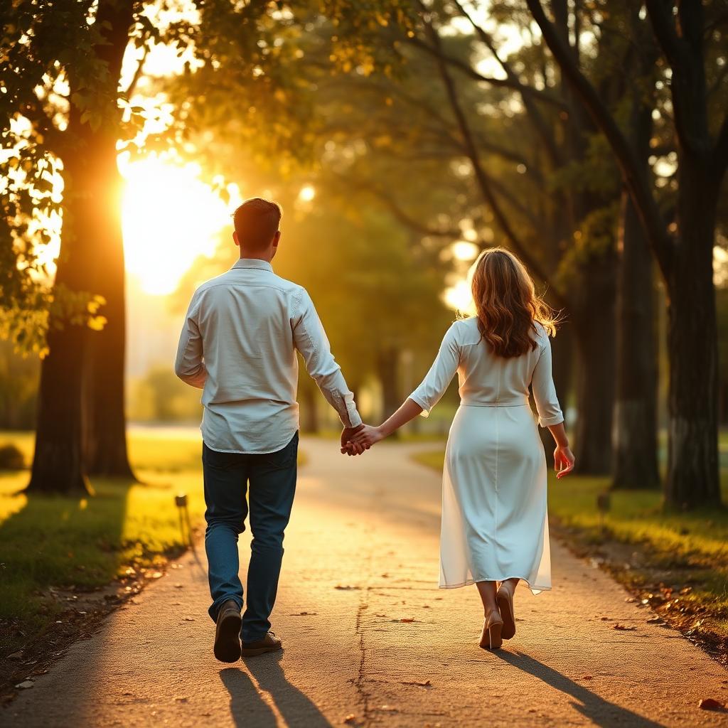 A couple walking hand in hand outdoors at golden hour